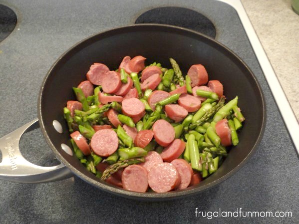 Sausage, Asparagus, and Yellow Rice Recipe in pot