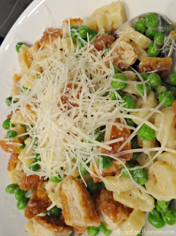 Pasta and Peas in a Parmesan Cheese Sauce with Breaded Chicken
