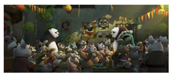 (L-R) Po (voiced by Jack Black) meets his long-lost panda father Li (voiced by Bryan Cranston) for the first time in DreamWorks Animation's KUNG FU PANDA 3.
